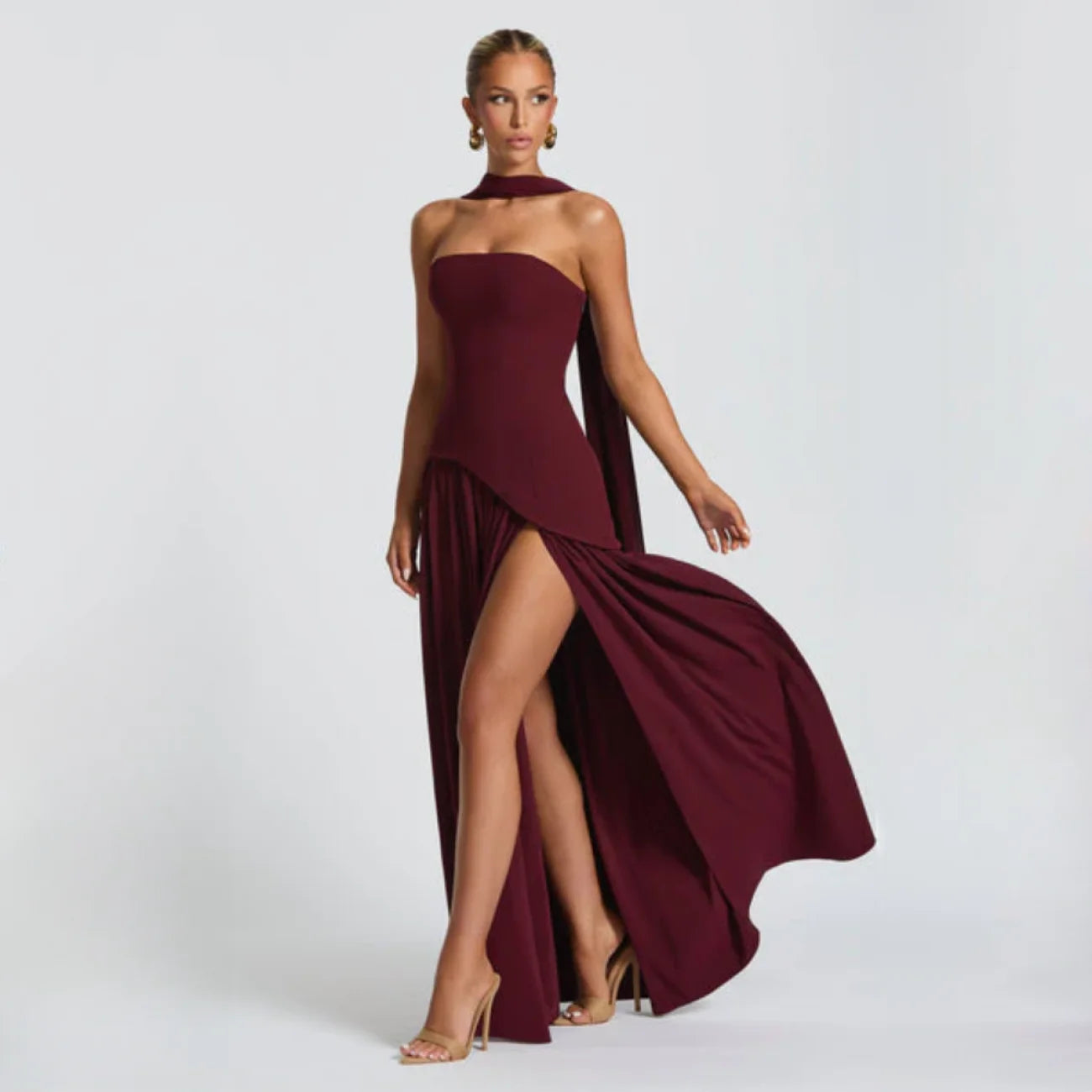 Algarve | Vestido Longo Elegante com Echarpe Marsala / P vt326