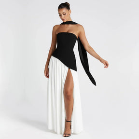 Algarve | Vestido Longo Elegante com Echarpe Preto e Branco / P vt326
