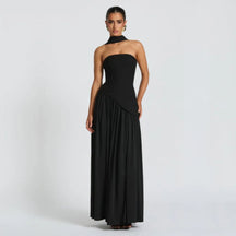 Algarve | Vestido Longo Elegante com Echarpe Preto / P vt326